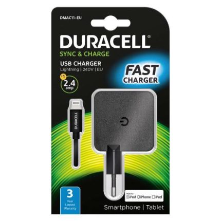 Φορτιστής Ταξιδίου Duracell με Έξοδο USB 2.4Α & Καλώδιο MFI Lightning 1m Μαύρο-DMAC11-EU – Mobit.gr