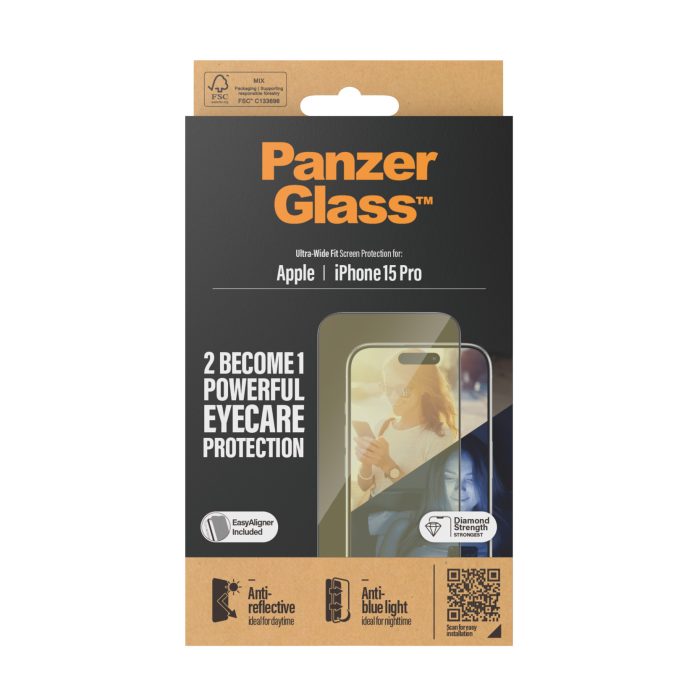 PanzerGlass™ Eyecare Screen Protection iPhone 15 Pro | Ultra-Wide Fit w. EasyAligner – Mobit.gr