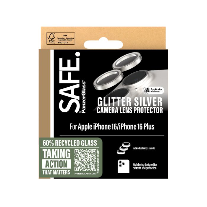 SAFE. by PanzerGlass® Camera Lens Protector Glitter Silver Apple | iPhone 16/iPhone 16 Plus – Mobit.gr