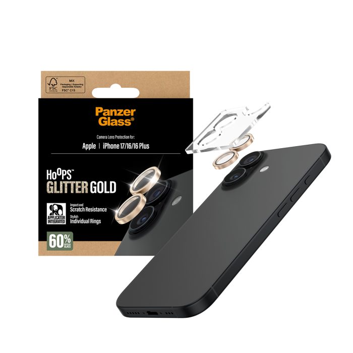 PanzerGlass® Hoops® Glitter Gold Camera Lens Protector iPhone 17 | iPhone 16 | 16 Plus – Mobit.gr