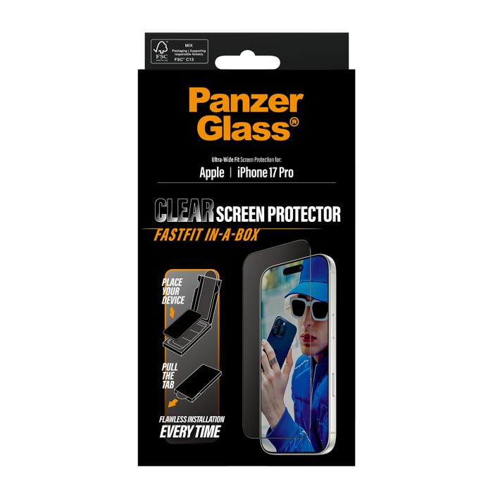 PanzerGlass Screen Protector w. Black Frame iPhone 17 Pro | Ultra-Wide Fit w. Fastfit in-a-box – Mobit.gr