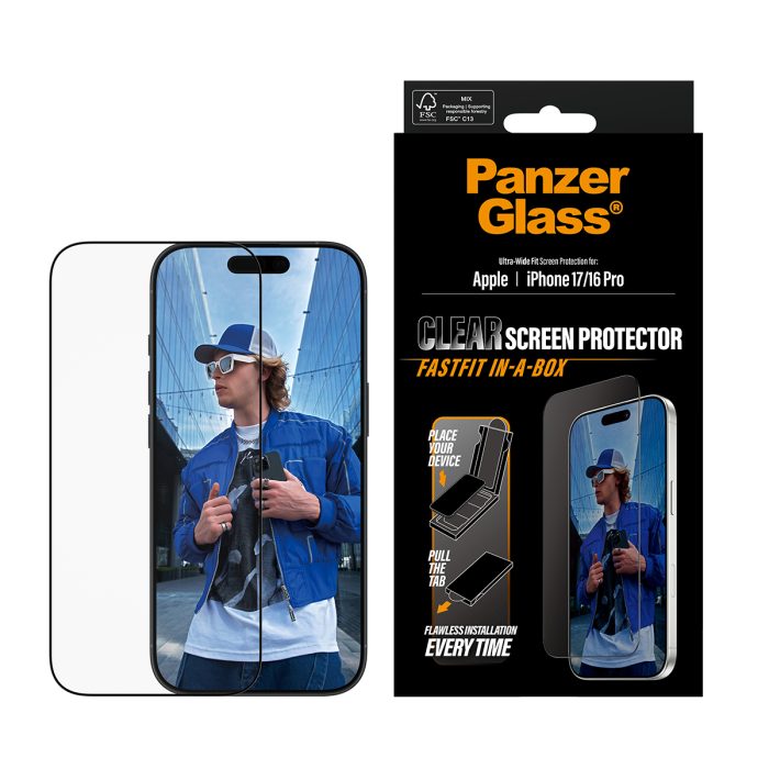 PanzerGlass Screen Protector w. Black Frame iPhone 17 | iPhone 16 Pro | Ultra-Wide Fit w. Fastfit in-a-box – Mobit.gr