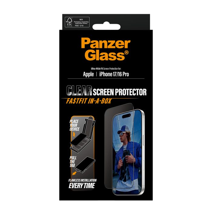 PanzerGlass Screen Protector w. Black Frame iPhone 17 | iPhone 16 Pro | Ultra-Wide Fit w. Fastfit in-a-box – Mobit.gr