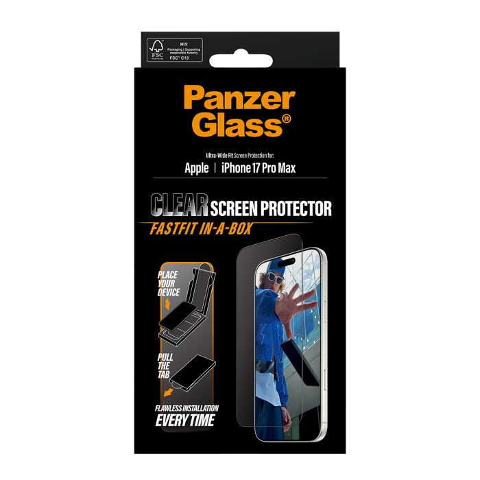 PanzerGlass Screen Protector w. Black Frame iPhone 17 Pro Max | Ultra-Wide Fit w. Fastfit in-a-box – Mobit.gr
