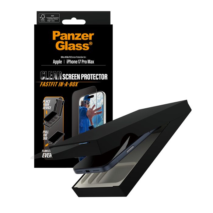 PanzerGlass Screen Protector w. Black Frame iPhone 17 Pro Max | Ultra-Wide Fit w. Fastfit in-a-box – Mobit.gr
