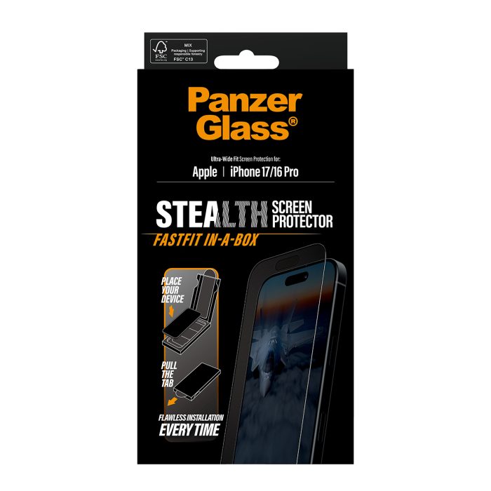 PanzerGlass® Stealth Screen Protector w. Black Frame iPhone 17 | iPhone 16 Pro | Ultra-Wide Fit w. Fastfit in-a-box – Mobit.gr