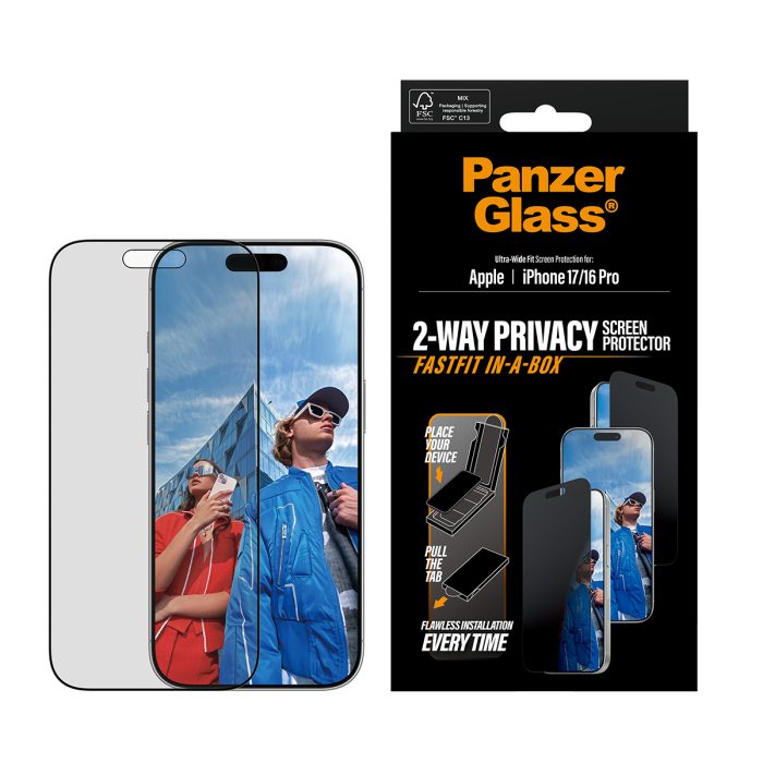 PanzerGlass Privacy Screen Protector w. Black Frame iPhone 17 | iPhone 16 Pro | Ultra-Wide Fit w. Fastfit in-a-box – Mobit.gr