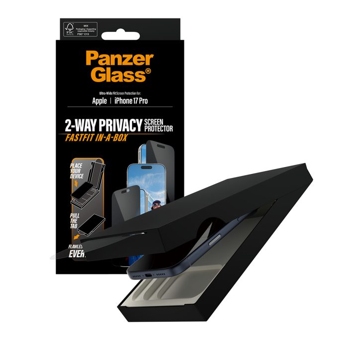 PanzerGlass Privacy Screen Protector w. Black Frame iPhone 17 Pro | Ultra-Wide Fit w. Fastfit in-a-box – Mobit.gr