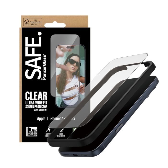 SAFE. by PanzerGlass Screen Protector w. Black Frame iPhone 17 Pro Max | Ultra-Wide Fit w. Easy Aligner – Mobit.gr