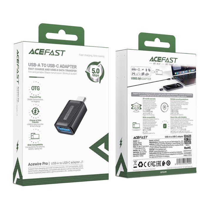 Acefast J1 USB-A 3.0 (Female) to USB-C 3.0 (Male) 5Gb/s Adapter – Black – Mobit.gr