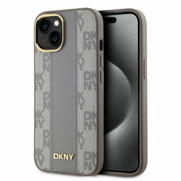 178364_1 DKNY Leather Checkered Mono Pattern MagSafe iPhone 15 Case – Beige – Mobit.gr